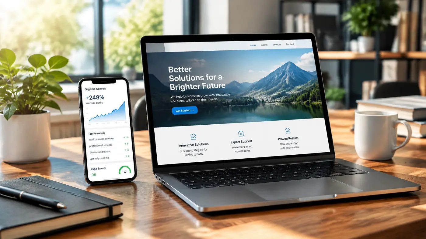 A laptop and phone showing a search-ready business website
